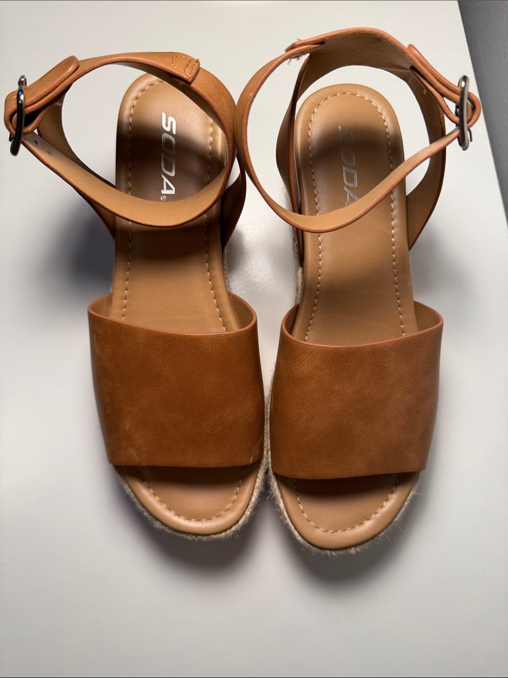 Soda Cognac Wide-Band Ankle Strap Platform Sandals